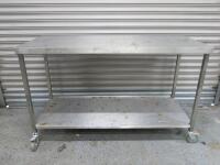 Mobile Stainless Steel Prep Table with Shelf Under, Size H90cm x W145cm x D60cm. NOTE: 1 x castor requires attention.