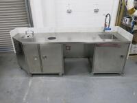 XL Refrigeration Large Bespoke Mobile Stainless Steel Preparation Unit with Clad Marble Surround and Splash Back. Comes with 4 Doors, Preparation Square Sink with Mono Tap, Stainless Steel Round Bowl Sink with 2 Taps & Hole for Rubbish. Size H94cm x W285