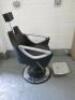 Maletti Reclining Swivel Barbers Chair. Height Adjustable with Hydraulic Foot Pump, Adjustable Head & Foot Rest, Polished Aluminium Tread Plate, Upholstered in Black Vinyl. - 4