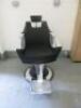 Maletti Reclining Swivel Barbers Chair. Height Adjustable with Hydraulic Foot Pump, Adjustable Head & Foot Rest, Polished Aluminium Tread Plate, Upholstered in Black Vinyl.