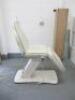 REM Excel Electric 3 Motor Beauticians Adjustable Treatment Chair/Couch Upholstered in White Vinyl and Comes with Controller, S/N 000181. NOTE: condition as viewed/pictured.