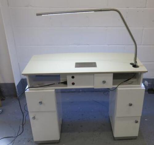 Nail Technicians Table with 5 Drawers, LED Light & Extraction in Gloss White Melamine, Size H77cm x W100cm x D48cm.