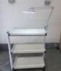 Mobile 3 Shelf Beauticians Trolley In White with Ellisons Magnifying Light, Model EST330. Size H87cm x W77cm x D42cm.