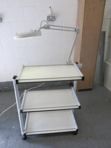 Mobile 3 Shelf Beauticians Trolley In White with Ellisons Magnifying Light and Clamp, Model EST330. Size H87cm x W77cm x D42cm.