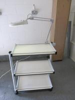 Mobile 3 Shelf Beauticians Trolley In White with Ellisons Magnifying Light and Clamp, Model EST330. Size H87cm x W77cm x D42cm.