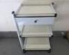 Mobile 3 Shelf & 1 Drawer Beauticians Trolley In White. Size H90cm x W65cm x D45cm.