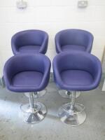 4 x Height Adjustable Bar Stools with Back, Upholstered in Purple Faux Leather on Chrome Base. NOT VAT ON LOT.