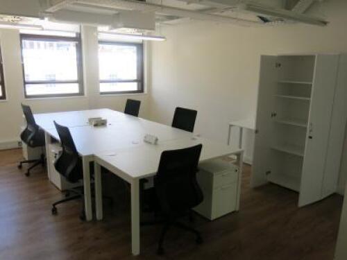 Contents of Office Suite to Include: 5 x White Melamine Desks, 5 x 2 Draw Wooden Pedestals, 5 x Black Sense G28 Ergo Swivel Chairs & 2 Door Wooden Cabinet (with Key). Desk Size W140 x D70cm, Ped Size H55 x W40 x D52cm & Cabinet Size H180 x W80 x D45cm.