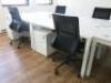 Contents of Office Suite to Include: 5 x White Melamine Desks, 5 x 2 Draw Wooden Pedestals, 5 x Black Sense G28 Ergo Swivel Chairs & 2 Door Wooden Cabinet (with Key). Desk Size W140 x D70cm, Ped Size H55 x W40 x D52cm & Cabinet Size H180 x W80 x D45cm. - 8