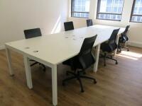 6 x White Melamine Desks & 6 x Black Ergo Swivel Chairs. Desk Size W140 x D70cm.