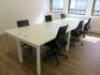 6 x White Melamine Desks & 6 x Black Ergo Swivel Chairs. Desk Size W140 x D70cm.