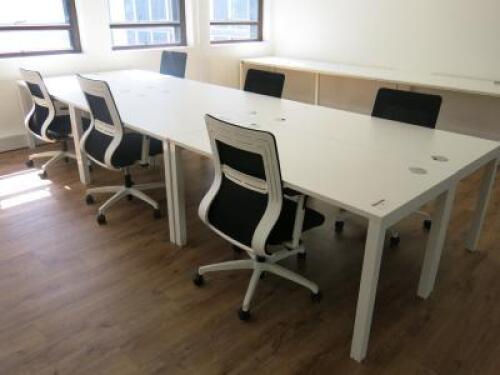 6 x White Melamine Desks & 6 x Black & White Sense G28 Ergo Swivel Chairs. Desk Size W140 x D70cm.