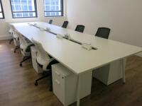 8 Pod White Melamine Desk with Power Units, 8 x White & Black Swivel Chairs and 8 x 2 Draw Wooden Pedestals. Desk Size W140 x D75cm, Ped Size H55 x W40 x D52cm. Comes with Whiteboard.