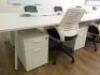 8 Pod White Melamine Desk with Power Units, 8 x White & Black Swivel Chairs and 8 x 2 Draw Wooden Pedestals. Desk Size W140 x D75cm, Ped Size H55 x W40 x D52cm. Comes with Whiteboard. - 4