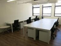 Office Suite to Include: 9 x White Melamine Desks, 9 x Black Sense G28 Ergo Swivel Chairs, 9 x 2 Draw Wooden Pedestals & Round Coffee Table. Desks Size 9 x W140 x D80cm, Ped Size H 55 x W40 x D53cm & Coffee Table H50 x Dia80cm.