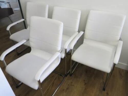 4 x White Faux Leather Canterlever Chairs on Chrome Frame.