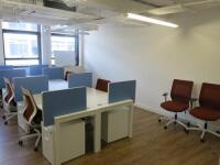 Office Suite to Include: 6 x White Melamine Desks, 6 x 2 Draw Wooden Pedestals, 8 x Dark Red & White Ergo Swivel Chairs & 8 x Light Blue Slide on Desk Dividers. Desk Size W140 x D70, Ped Size H55 x W40 x D52cm.