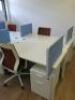 Office Suite to Include: 6 x White Melamine Desks, 6 x 2 Draw Wooden Pedestals, 8 x Dark Red & White Ergo Swivel Chairs & 8 x Light Blue Slide on Desk Dividers. Desk Size W140 x D70, Ped Size H55 x W40 x D52cm. - 3