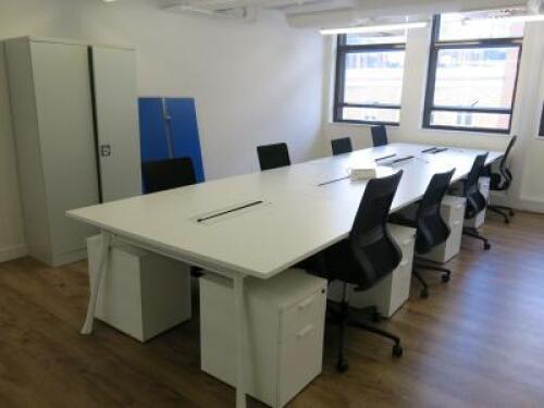 Contents of Office Suite to Include: 4 Section/8 x Pod Position Desks with Power Units, 8 x 2 Draw Wooden Pedestals, 8 x Black Ergo Swivel Chairs, 2 x Desk Divider Sections & Metal 2 Door Cabinet. Desk Size W130 x D150cm, Ped Size H55 x W40 x D52cm, Cabin