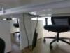 Contents of Office Suite to Include: 4 Section/8 x Pod Position Desks with Power Units, 8 x 2 Draw Wooden Pedestals, 8 x Black Ergo Swivel Chairs, 2 x Desk Divider Sections & Metal 2 Door Cabinet. Desk Size W130 x D150cm, Ped Size H55 x W40 x D52cm, Cabin - 9
