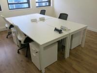 Office Suite to Include: 4 x White Melamine Desks with Power Supplies, 4 x Black & White Swivel Chairs & 4 x 2 Draw Wooden Pedestals. Desk Size W140 x D80cm, Ped Size H55 x W40 x D52cm.