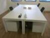 Office Suite to Include: 4 x White Melamine Desks with Power Supplies, 4 x Black & White Swivel Chairs & 4 x 2 Draw Wooden Pedestals. Desk Size W140 x D80cm, Ped Size H55 x W40 x D52cm. - 2