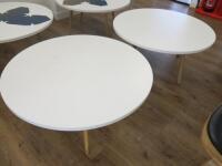 2 x White Melamine Topped Coffee/Side Table with Beachwood Effect Legs. Size H46 x Dia100cm.