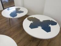 2 x White Melamine Topped Coffee/Side Table with Beachwood Effect Legs. Size H46 x Dia100cm.
