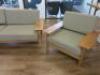 3 Piece Sofa Set in Beechwood with Light Olive Green Upholstered Cushions. - 2