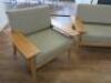 3 Piece Sofa Set in Beechwood with Light Olive Green Upholstered Cushions. - 4