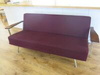 3 Seater Sofa with Chrome Frame Arms & Wood Rest in Dark Red Upholstery. Size H70 x W184 x D74cm.