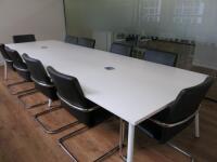 Triumph White Melamine Meeting Table in 2 Sections on White Metal Base with 10 x Black Faux Leather Canterlever Chairs. Size H73 x W360 x D120cm.