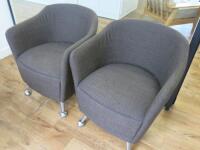 2 x Reception Bucket Chairs in Light Brown Upholstery in Metal Legs with Semi Ball Foot.