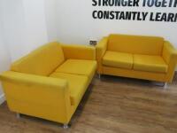 2 x Mustard Yellow Reception Sofa's. Size H73 x W135 x D77cm. NOTE: soiled, require cleaning.