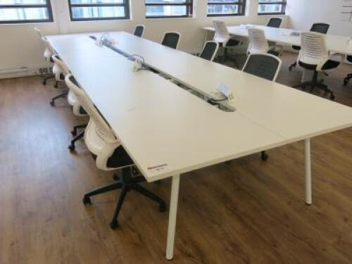 8 Position White Melamine Pod Desk with Power Units. Desk Sizes W140 x D70cm.