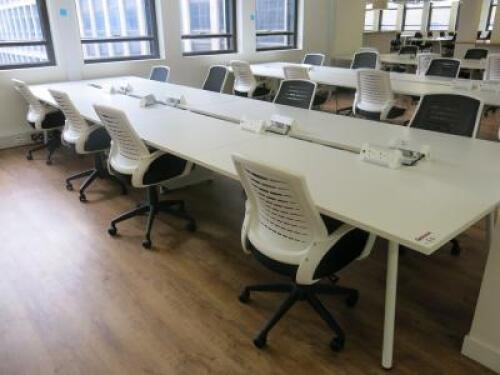 8 Position White Melamine Pod Desk with Power Units. Desk Sizes W140 x D70cm.