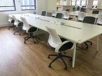 8 Position White Melamine Pod Desk with Power Units. Desk Sizes W140 x D70cm.