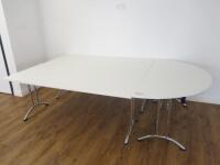 3 x White Melamine Topped Folding Desk with Chrome Feet. 1 x Desk Half Moon Shape. Size 180cm x 80cm.