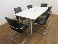 White Melamine Meeting Table on Metal Base with 6 x Black Faux Leather Canterlever Chairs. Size H73 x W200 x D100cm.