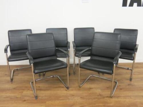 6 x Black Faux Leather Canterlever Chairs on Chrome Frame.