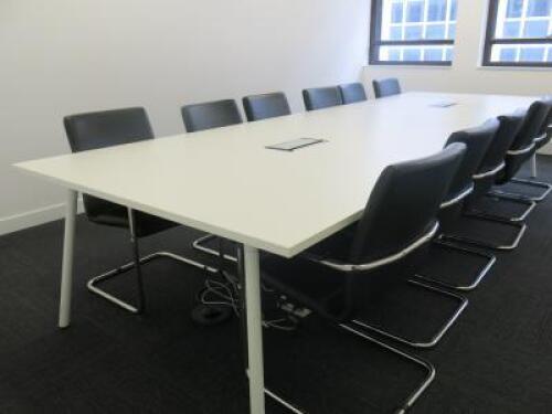 White Melamine Meeting Table in 2 Sections with Flip Up Plug & Network Units on Metal Base with 12 x Black Faux Leather Canterlever Chairs on Chrome Frame. Size H73 x W400 x D140cm.