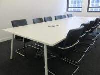 White Melamine Meeting Table in 2 Sections with Flip Up Plug & Network Units on Metal Base with 12 x Black Faux Leather Canterlever Chairs on Chrome Frame. Size H73 x W400 x D140cm.