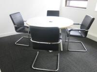 Round White Melamine Meeting Table on Metal Base with 4 x Black Faux Leather Canterlever Chairs on Chrome Frame. Size H73 x Dia120cm.