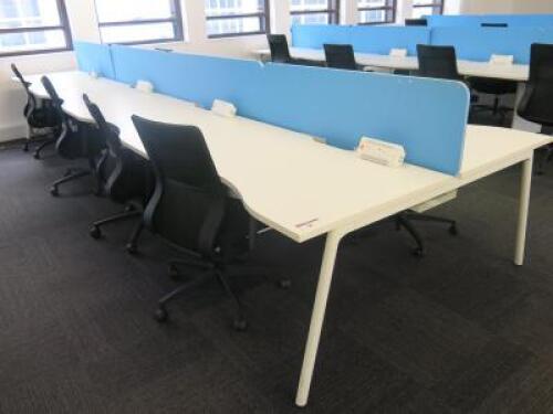 8 Position White Melamine Pod Desk with Power Units & 4 x Light Blue Desk Dividers. Desk Sizes W130 x D78cm.