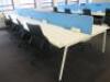 8 Position White Melamine Pod Desk with Power Units & 4 x Light Blue Desk Dividers. Desk Sizes W130 x D78cm.