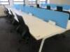 8 Position White Melamine Pod Desk with Power Units & 4 x Light Blue Desk Dividers. Desk Sizes W130 x D78cm.