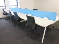 8 Position White Melamine Pod Desk with Power Units & 4 x Light Blue Desk Dividers. Desk Sizes W130 x D78cm.