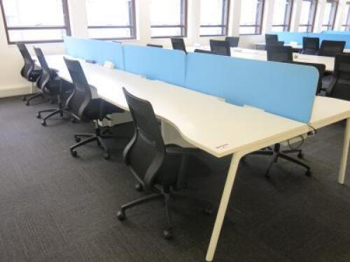 8 Position White Melamine Pod Desk with Power Units & 4 x Light Blue Desk Dividers. Desk Sizes W130 x D78cm.