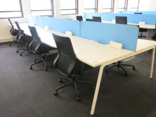 8 Position White Melamine Pod Desk with Power Units & 4 x Light Blue Desk Dividers. Desk Sizes W130 x D78cm.