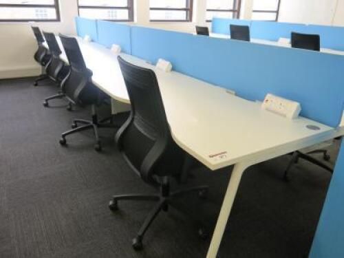 8 Position White Melamine Pod Desk with Power Units & 4 x Light Blue Desk Dividers. Desk Sizes W130 x D78cm.